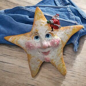 Vintage Large Holiday Star Resin Ornament With Santa